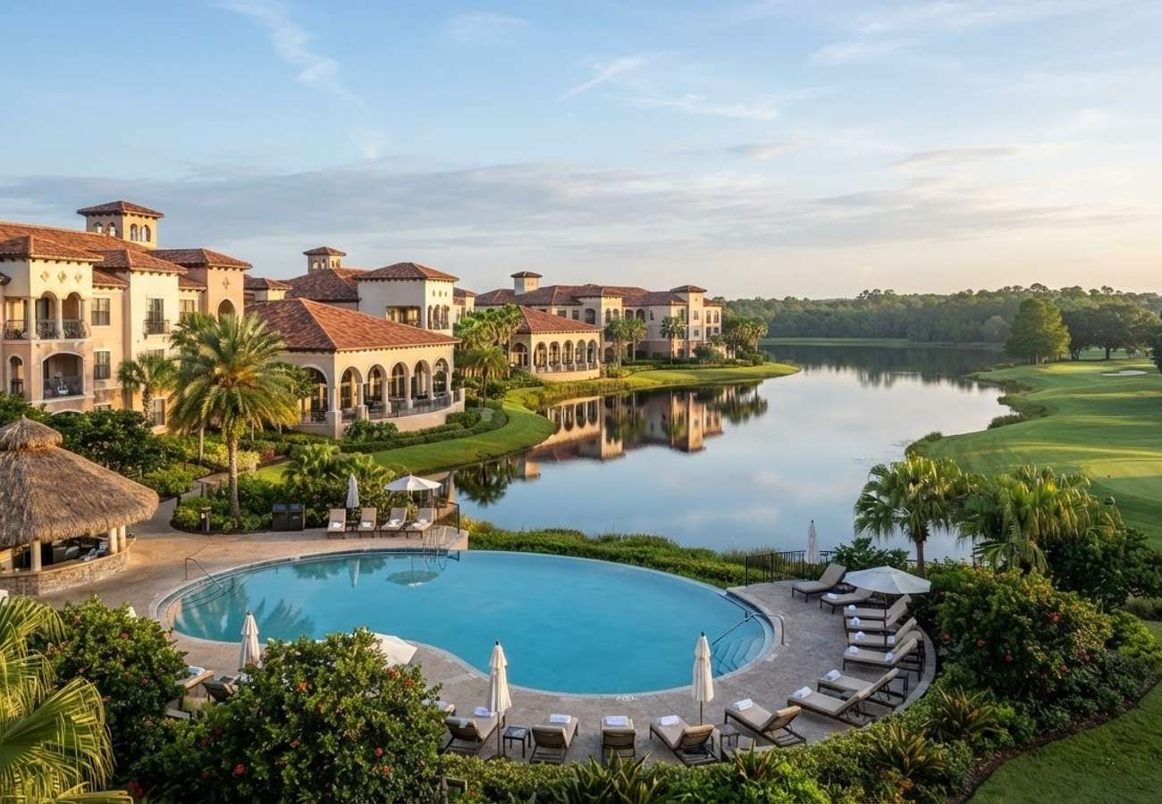 Aerial view of Marriott's Grande Vista resort pools and landscapes in Orlando