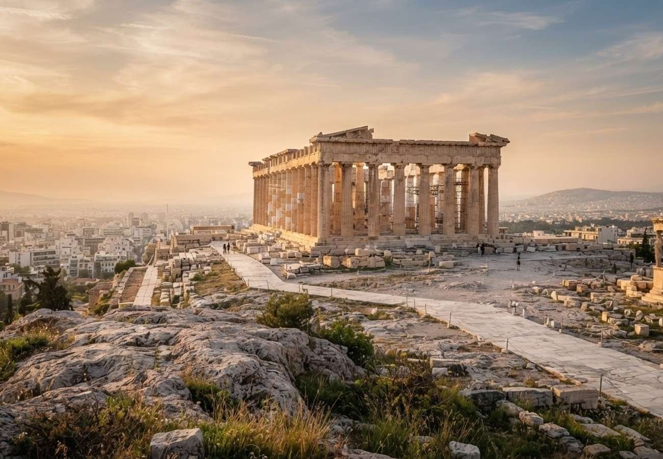 The Parthenon on the Acropolis in Athens under golden hour light