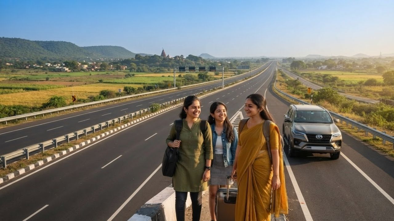 A wide six-lane concrete greenfield expressway running through rural India.