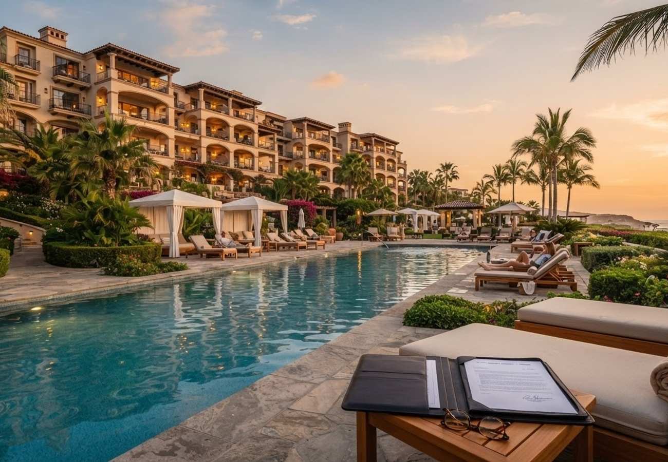 Luxury resort balcony overlooking a beach destination