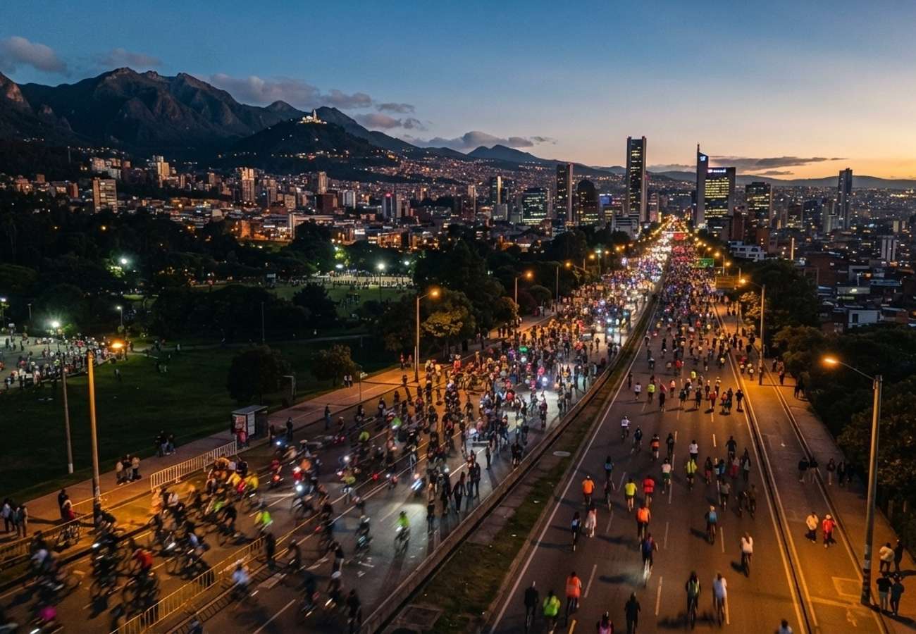 Aerial view of Bogotá city streets during a public festival