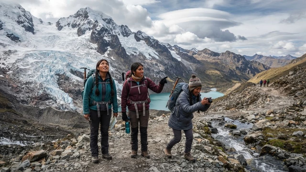 A mountaineering team climbing a steep, rocky ridge of a receding glacier in the Cordillera Real under a cloudy sky.
