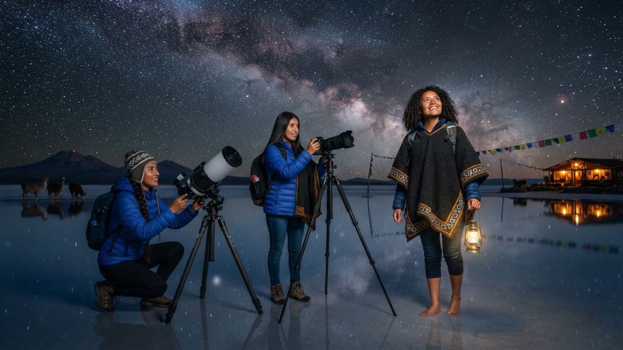 A starry sky over the reflective surface of the Salar de Uyuni salt flat