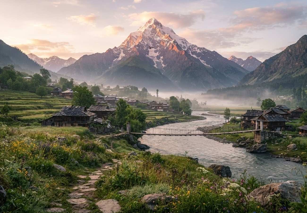 Scenic view of the Kashmir frontier mountains and alpine meadows