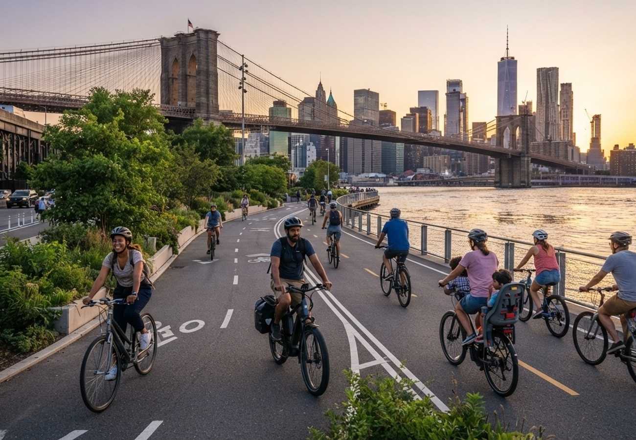 A cyclist riding along a protected greenway in Brooklyn with the city skyline in the background