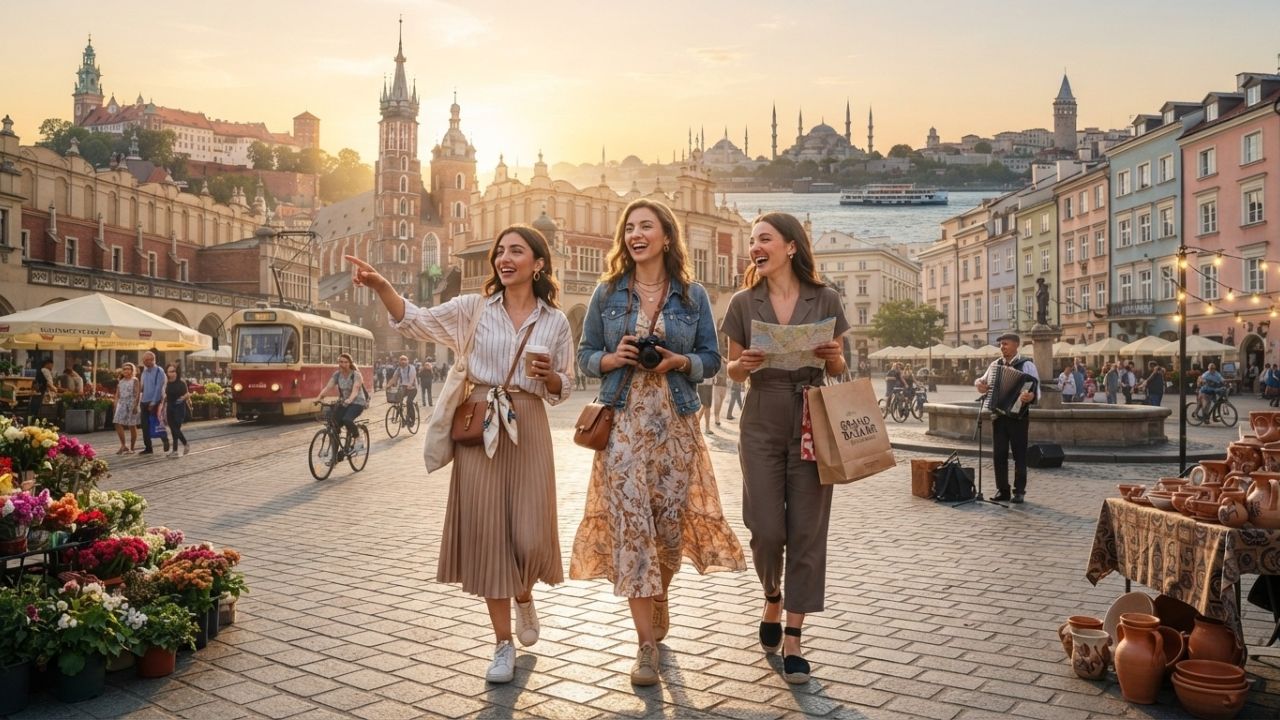 A collaged scene of historic European landmarks in Kraków, Budapest, Porto, and Istanbul