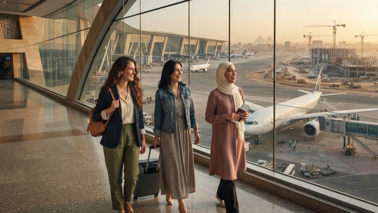 Architectural rendering of the modern Terminal 4 under construction at Cairo International Airport.