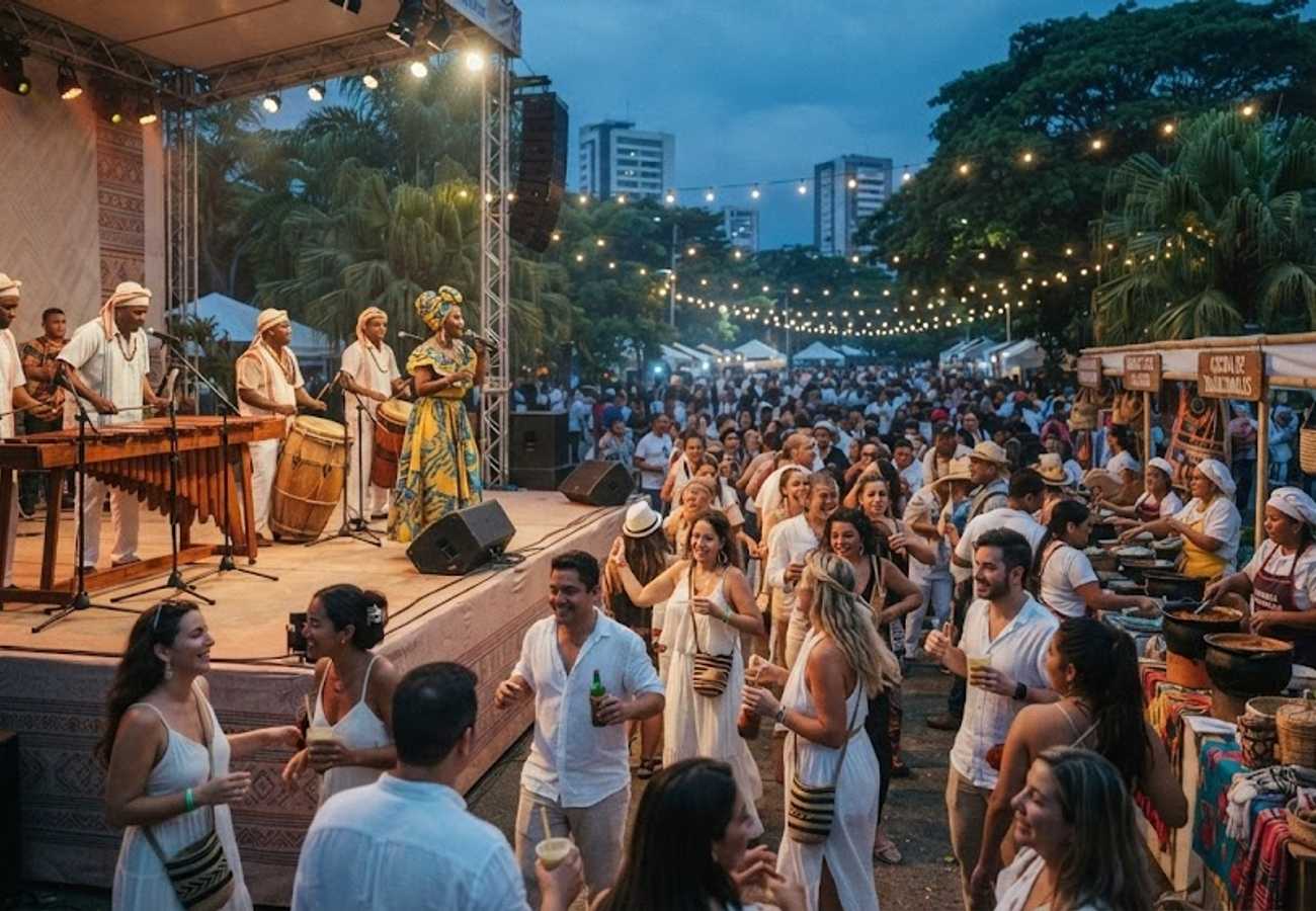 Vibrant Afro-Colombian dancers and musicians performing at the Festival Petronio Álvarez in Cali