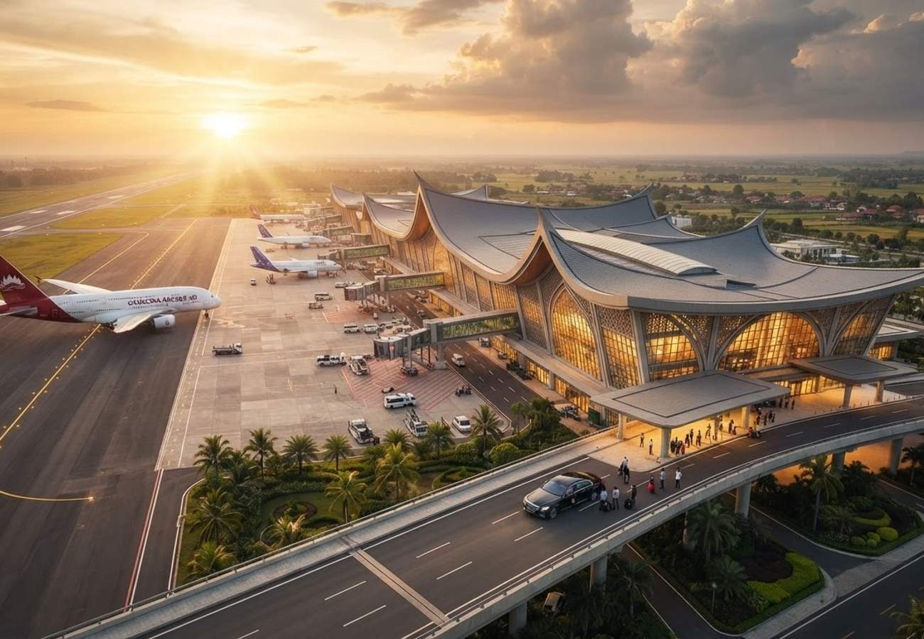 Aerial view of the modern Techo International Airport terminal and runways in Kandal province