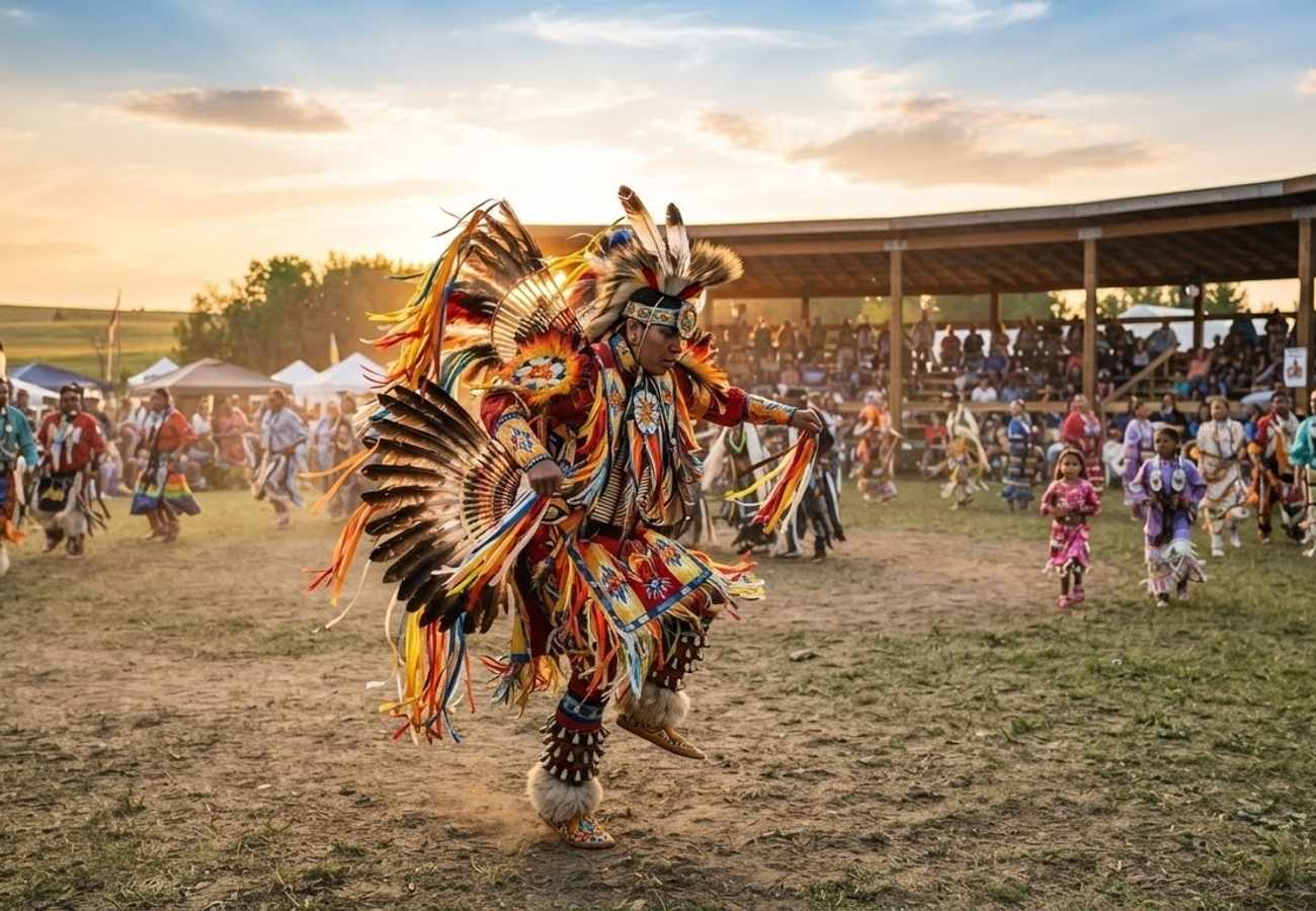 Traditional Indigenous powwow dancers in Canada