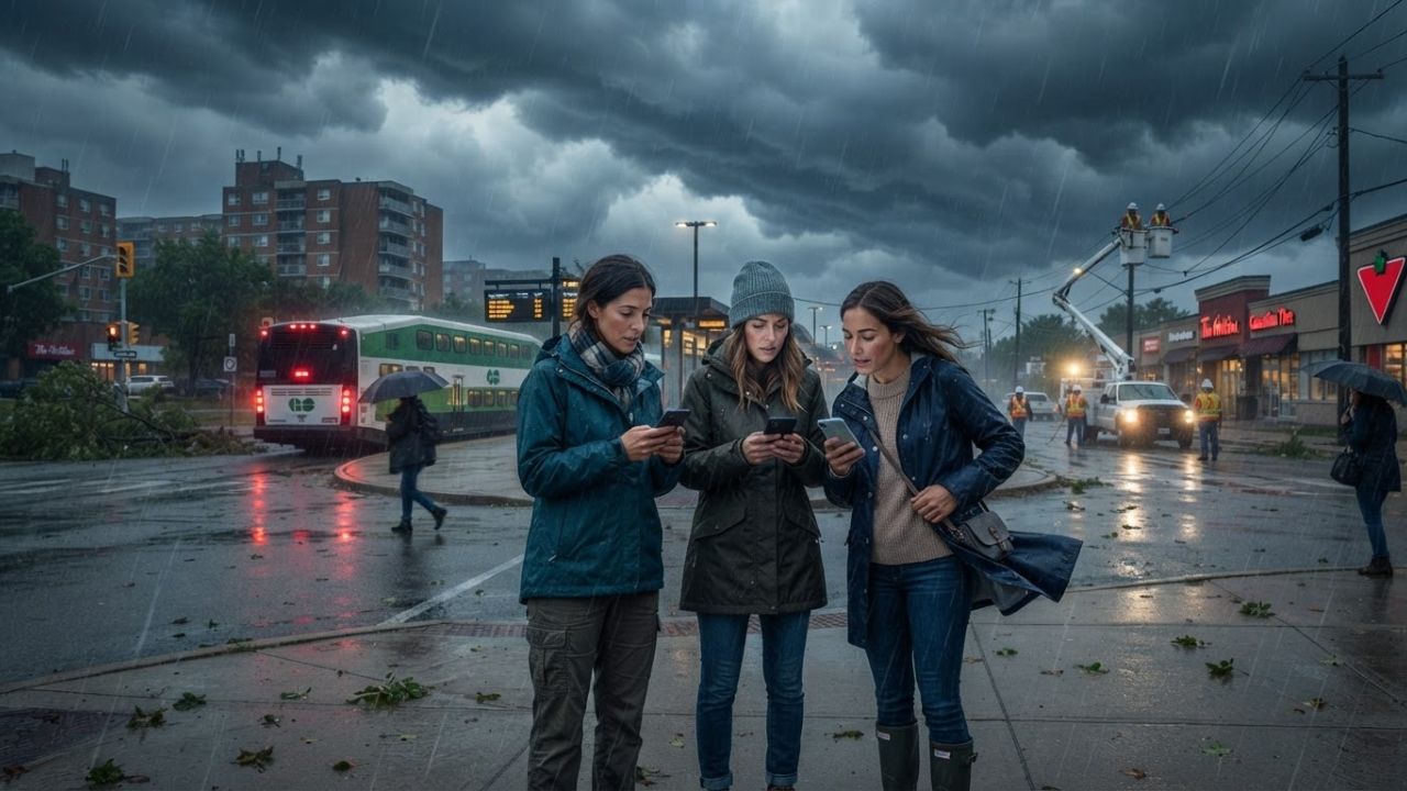 Heavy storm clouds and high winds affecting highway traffic and power lines in Canada