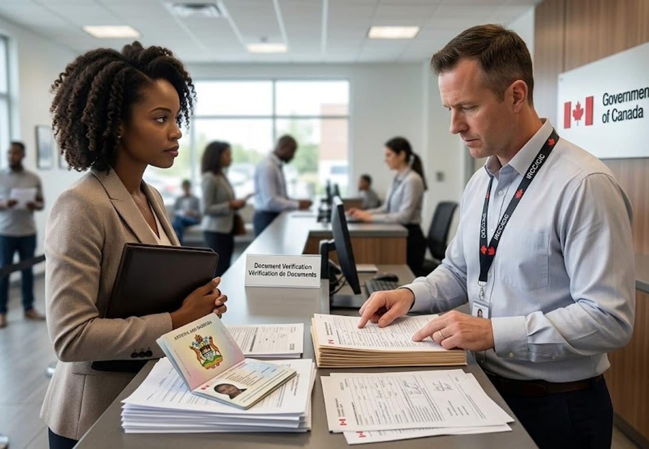 Canadian visa application documents and passport on a desk