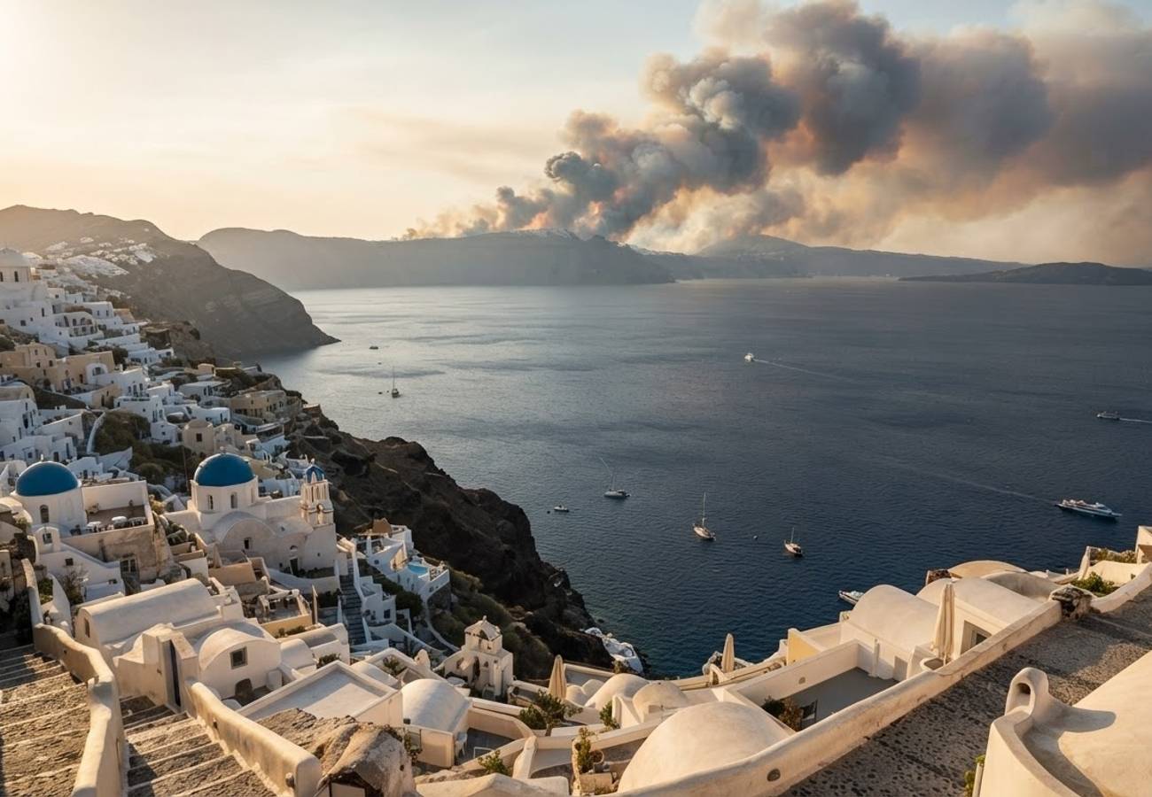 Aerial view of Greek islands and Mediterranean coastline