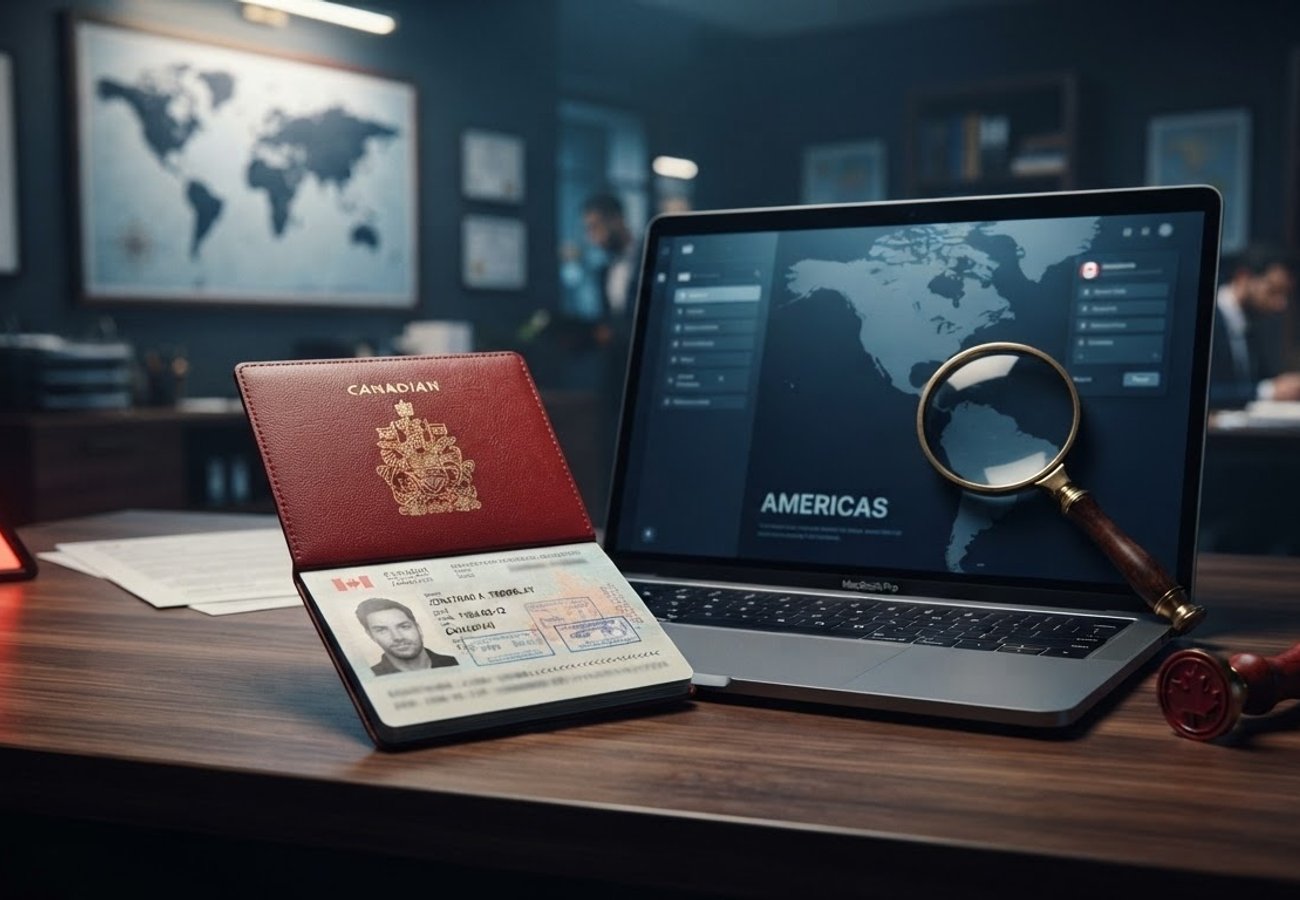 Canadian passport and visa application documents with a warning sign