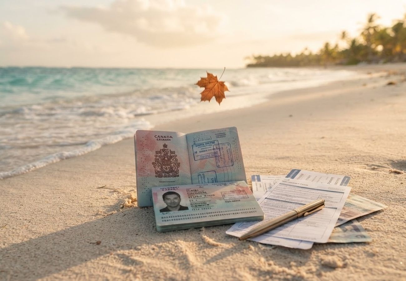 Canadian visa application documents and passport on a desk