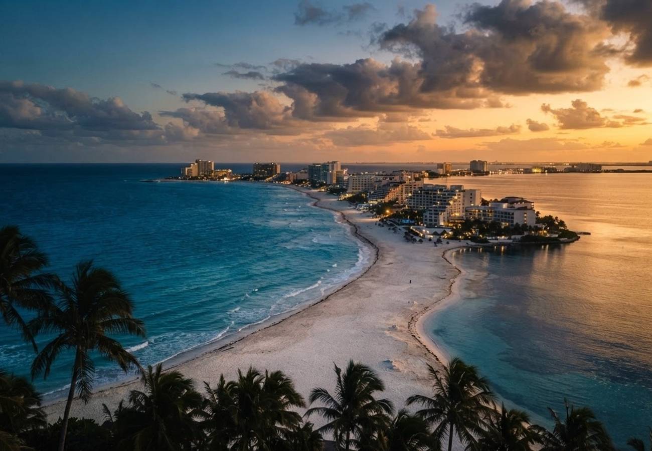 Aerial view of Mexican beach resorts and airport infrastructure
