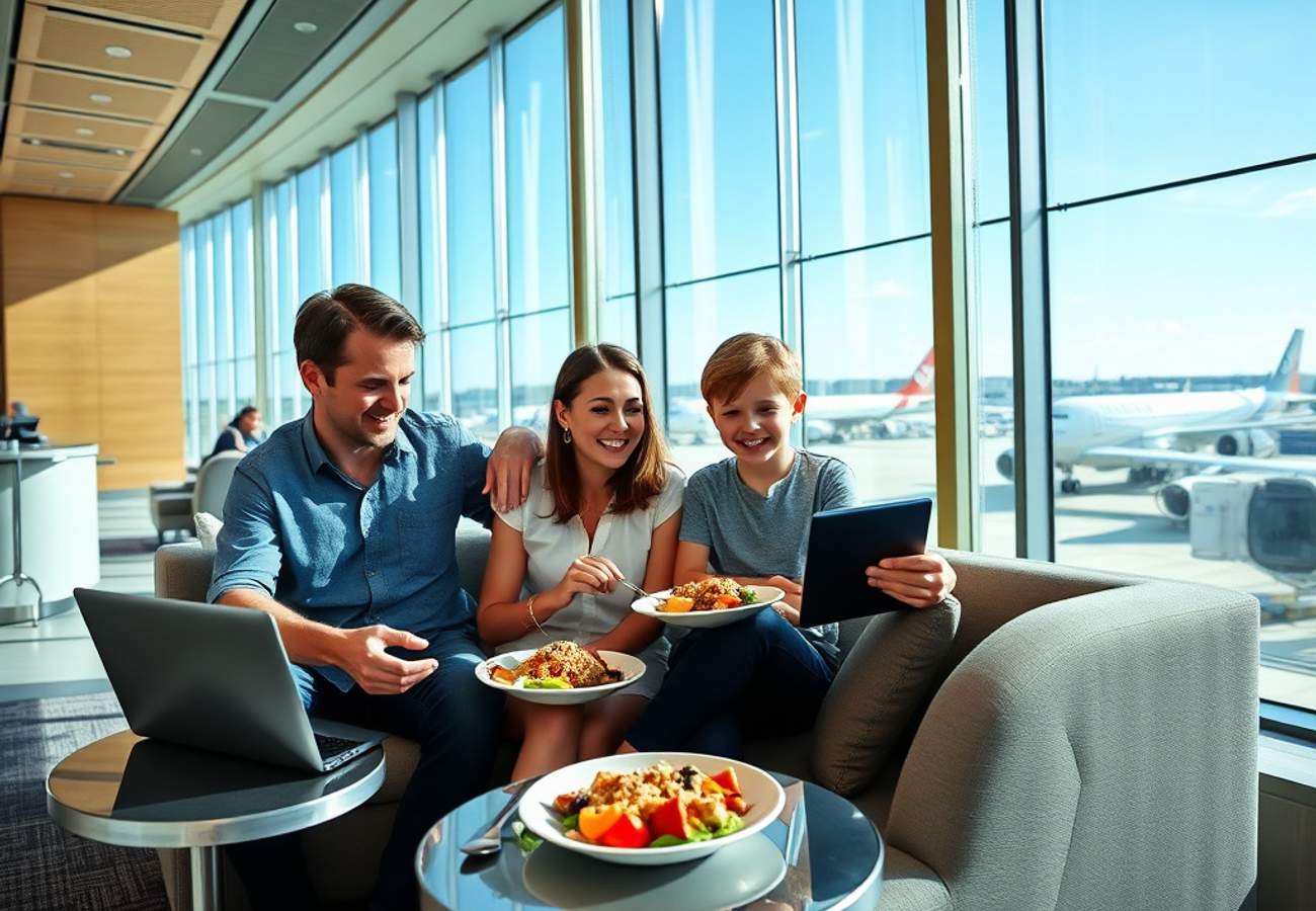 Modern airport lounge interior with premium seating and buffet