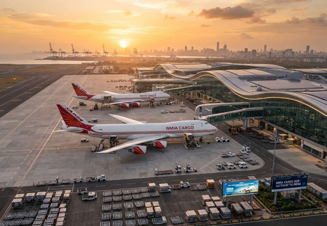Aerial view of Navi Mumbai International Airport cargo infrastructure