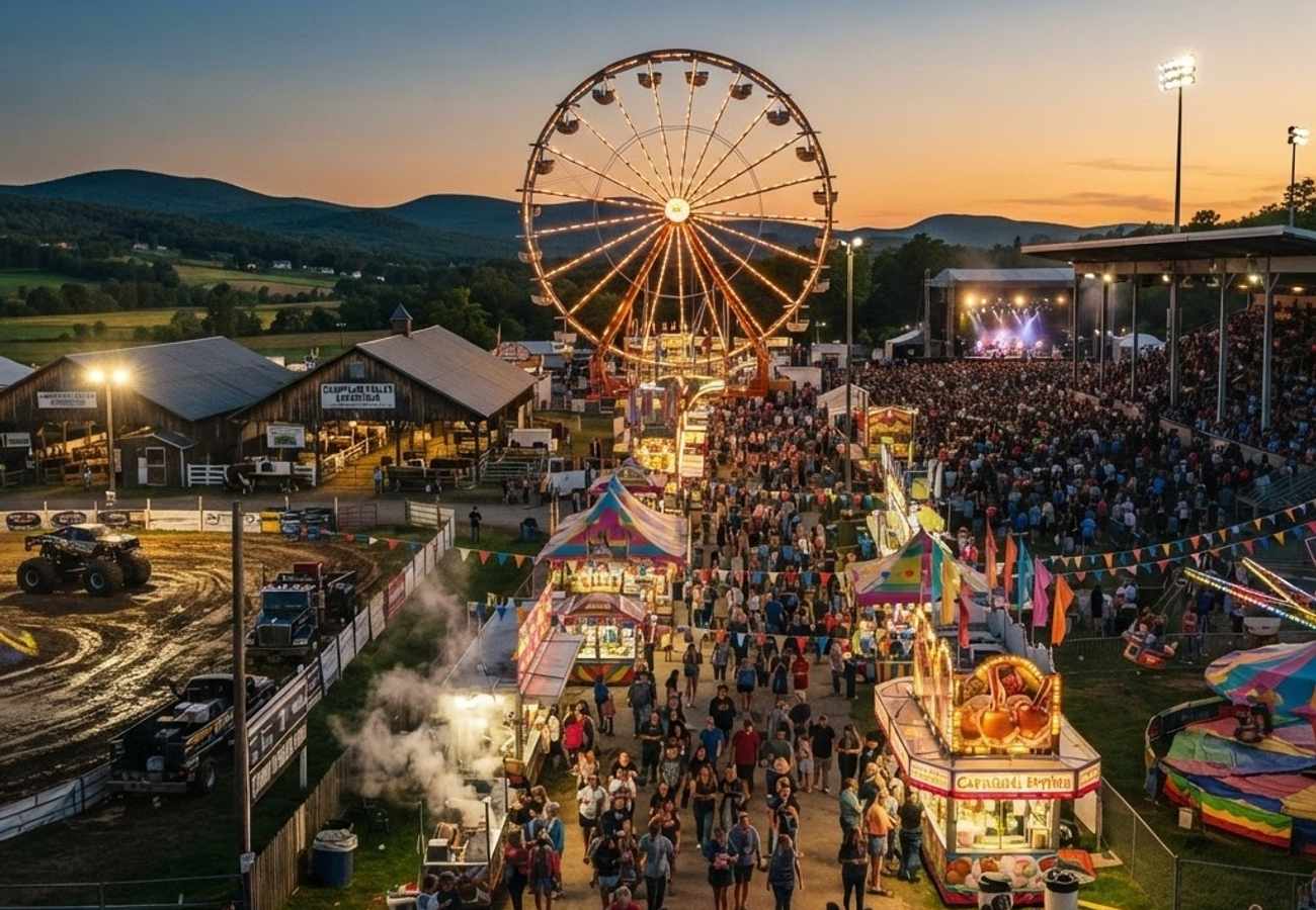 Families enjoying agricultural exhibits and carnival rides at the Champlain Valley Fair in Vermont