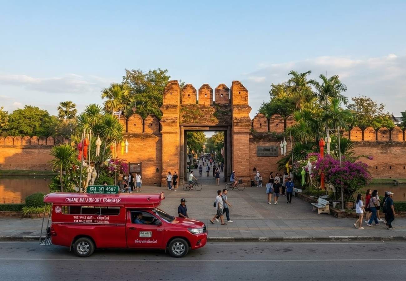 Aerial view of the Chiang Mai Old City moat and Tha Phae Gate