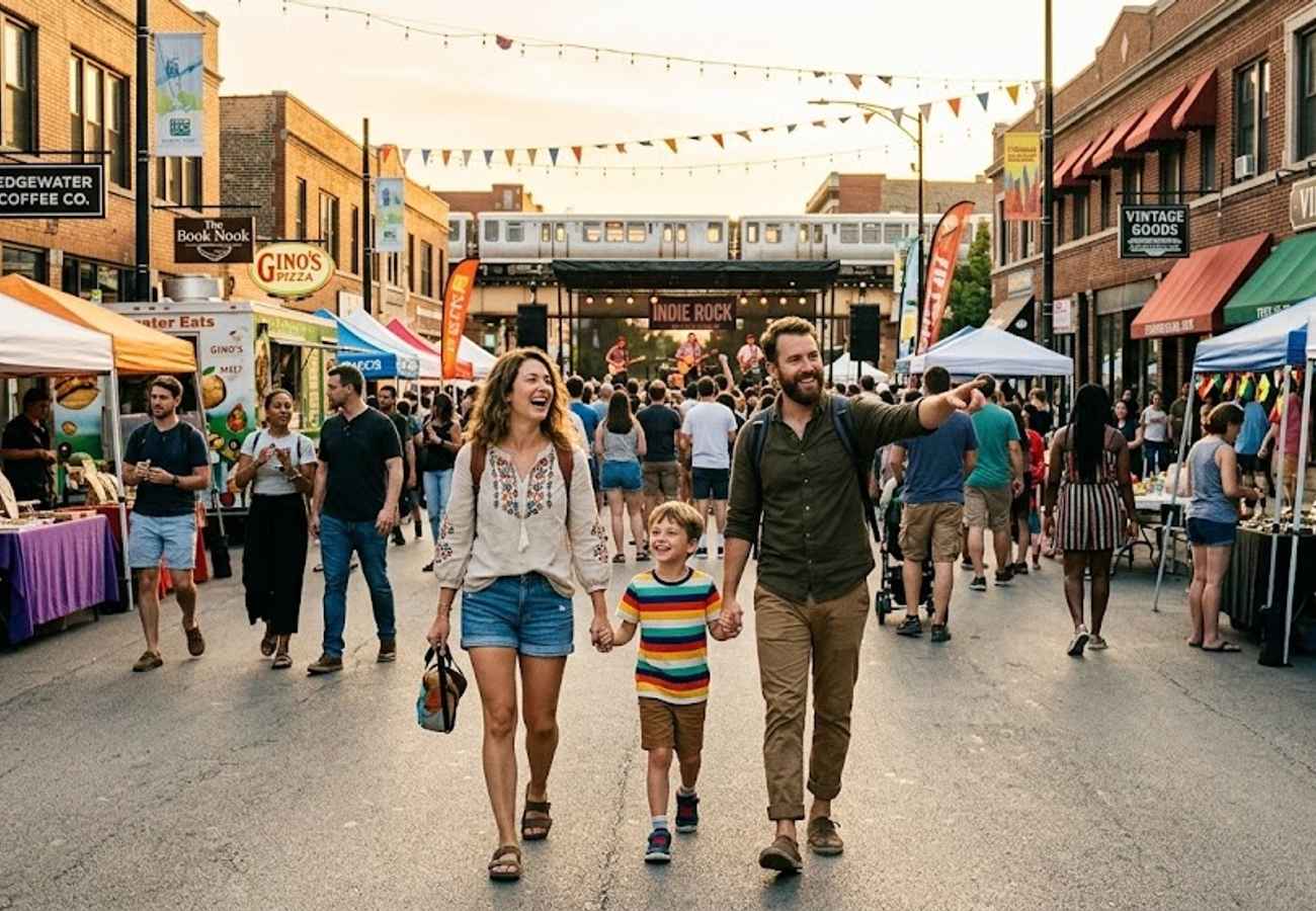 Broadway in Chicago's Edgewater neighborhood transformed into a lively pedestrian music festival with crowds, stages, and food vendors