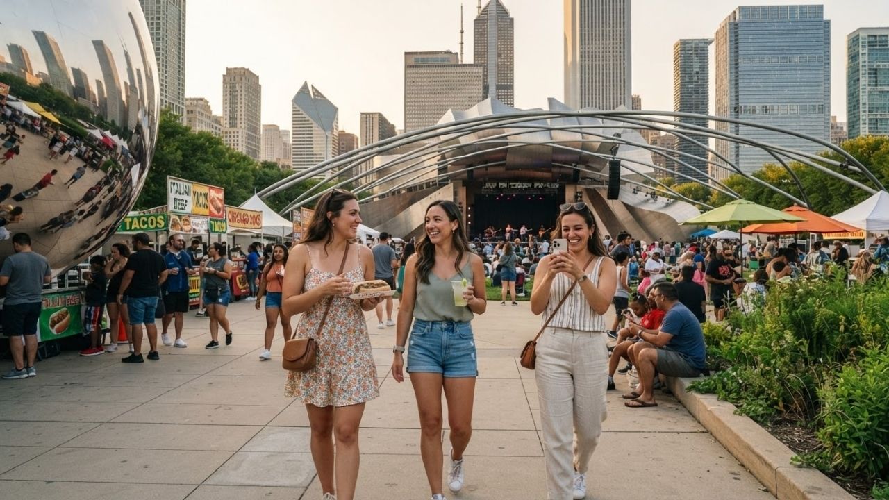 A lively outdoor food and music street festival in Chicago under summer skies