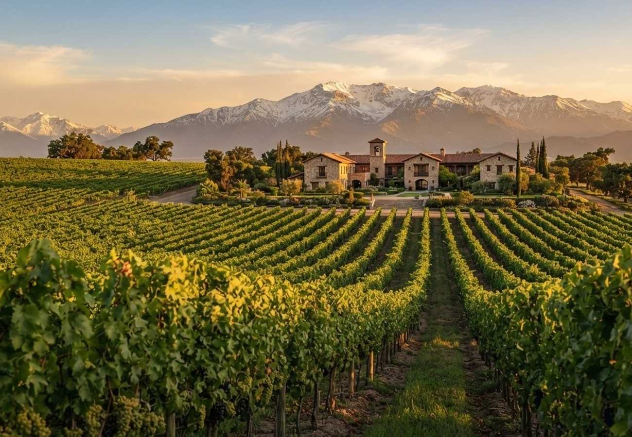 Aerial view of lush Chilean vineyards with the Andes mountains in the background