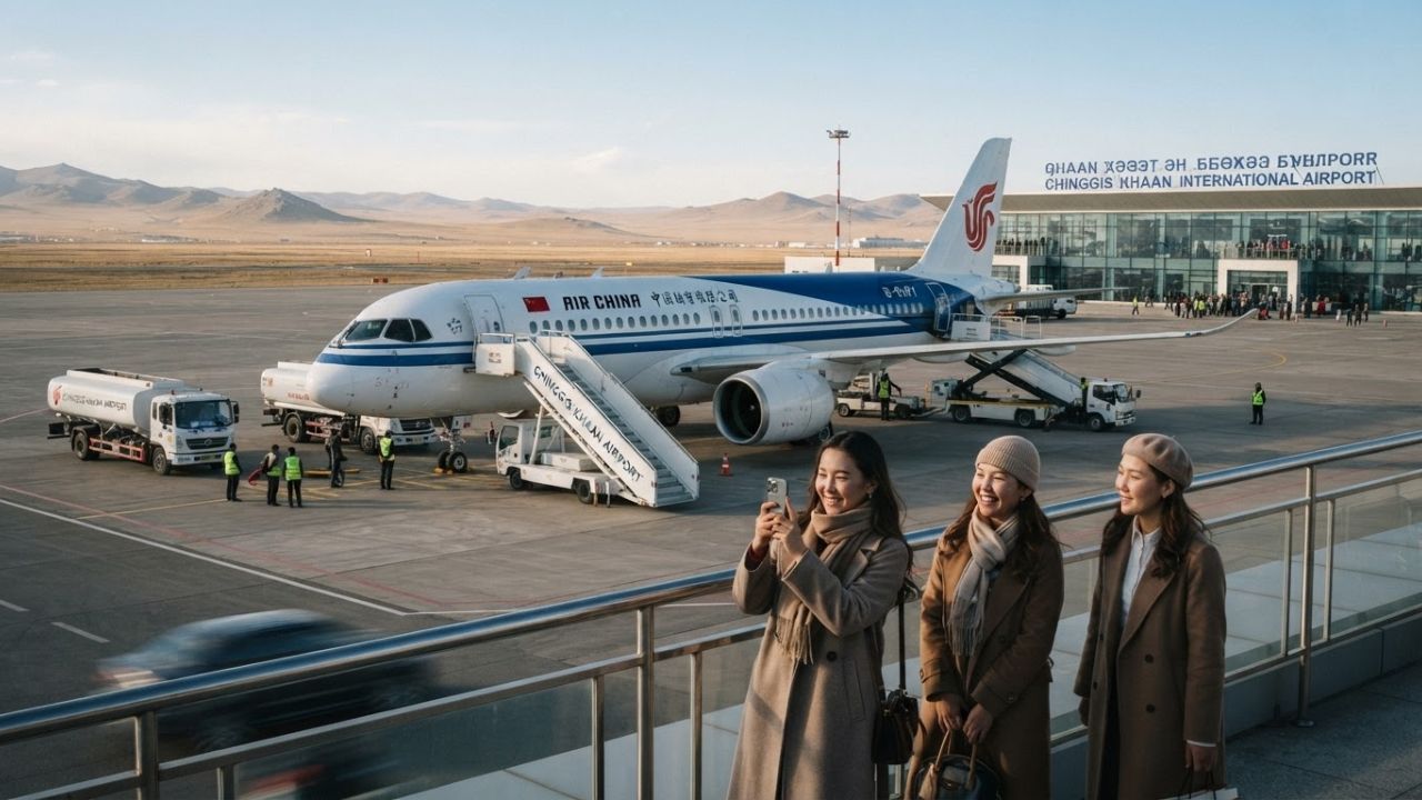 Domestically built C919 passenger jet taking off from Beijing airport under clear skies