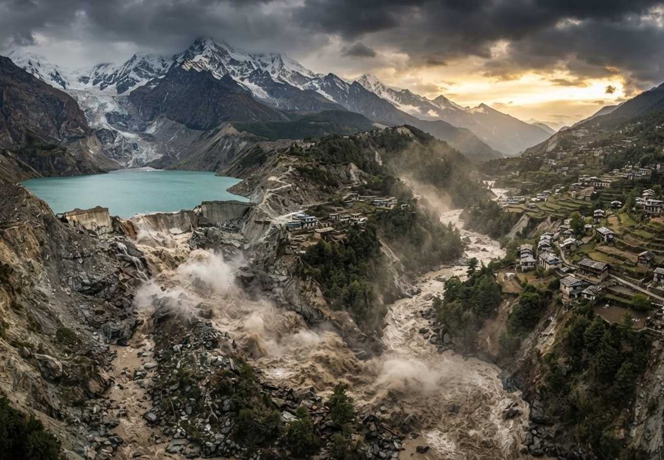 Aerial view of Himalayan glacial lakes and river valleys in Nepal