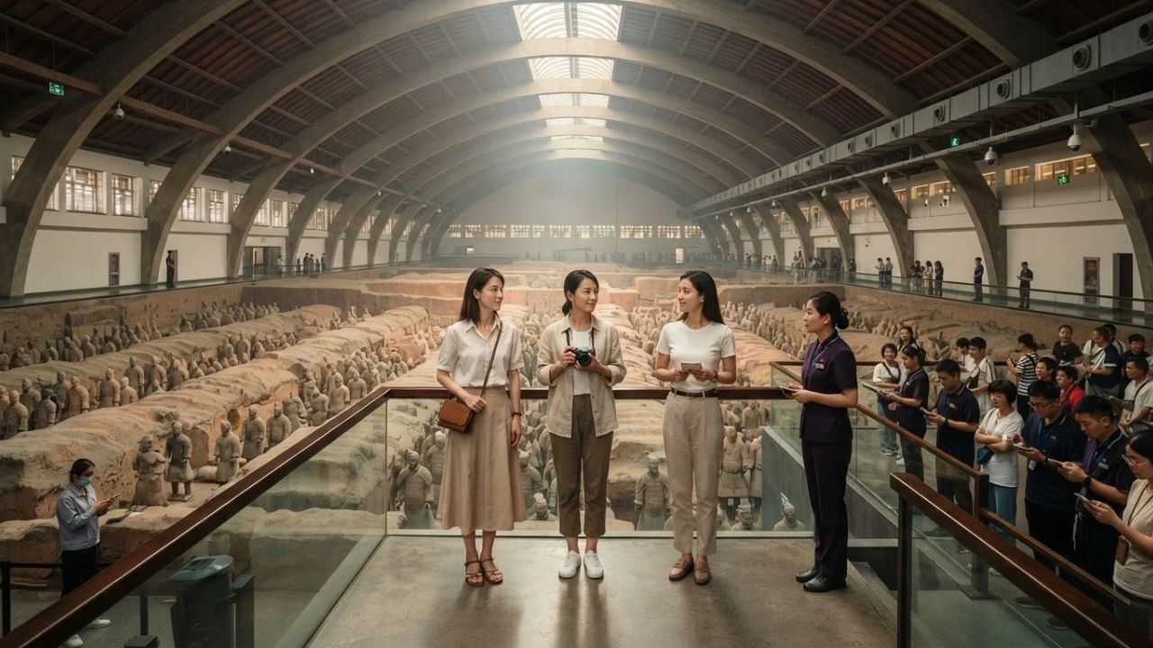 A row of life-sized ancient clay Terracotta Warriors standing in an archaeological pit in Xi'an.