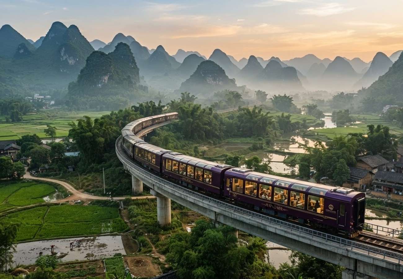 High-speed train traveling through the scenic landscapes of China