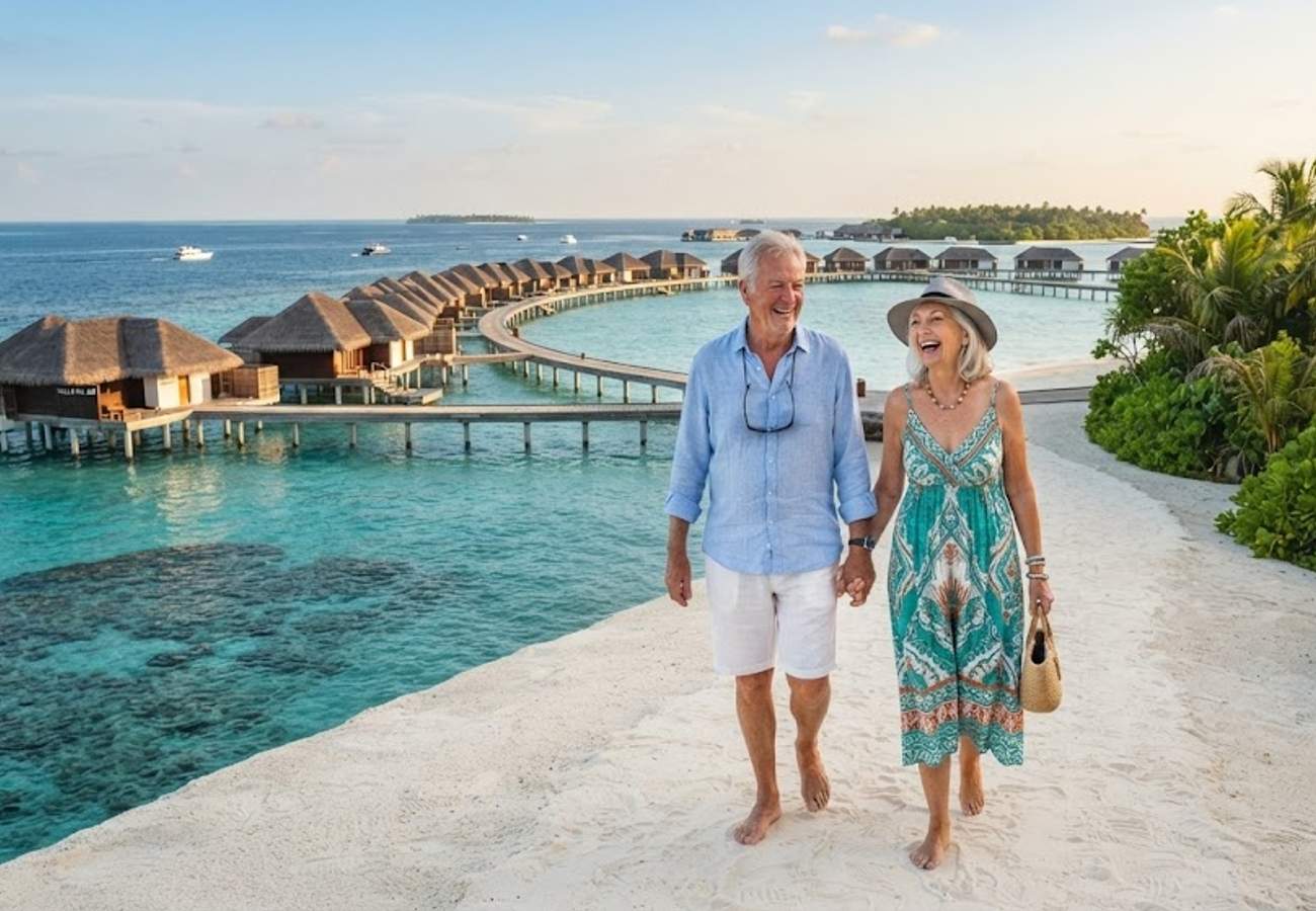 Aerial view of luxury overwater villas in the Maldives