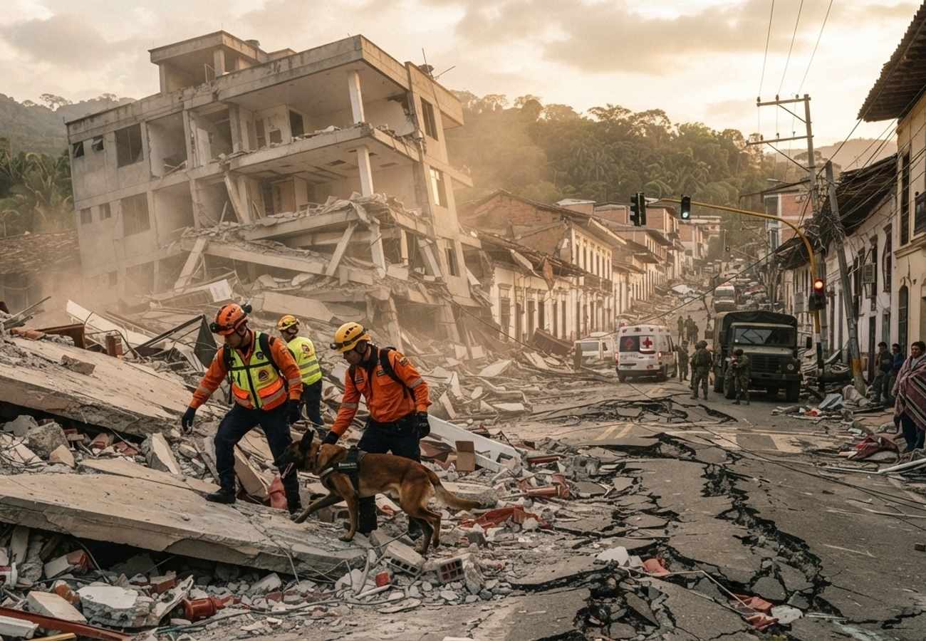 Aerial view of emergency response and infrastructure damage in western Colombia following a major earthquake
