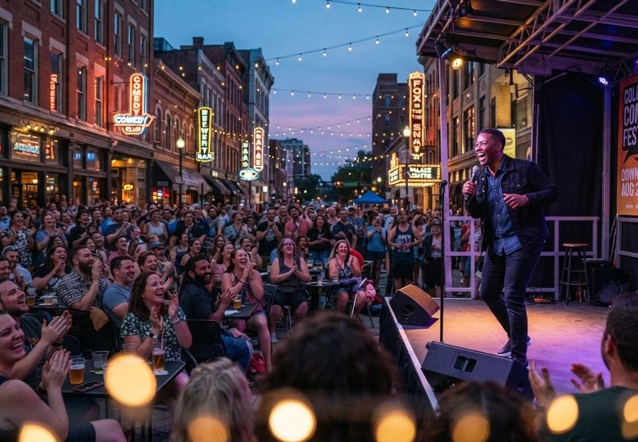 Comedian performing to a laughing audience in Columbus Ohio