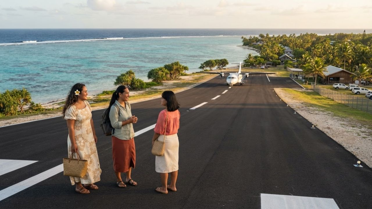 A small twin-propeller passenger aircraft parked on a tropical airstrip next to palm trees