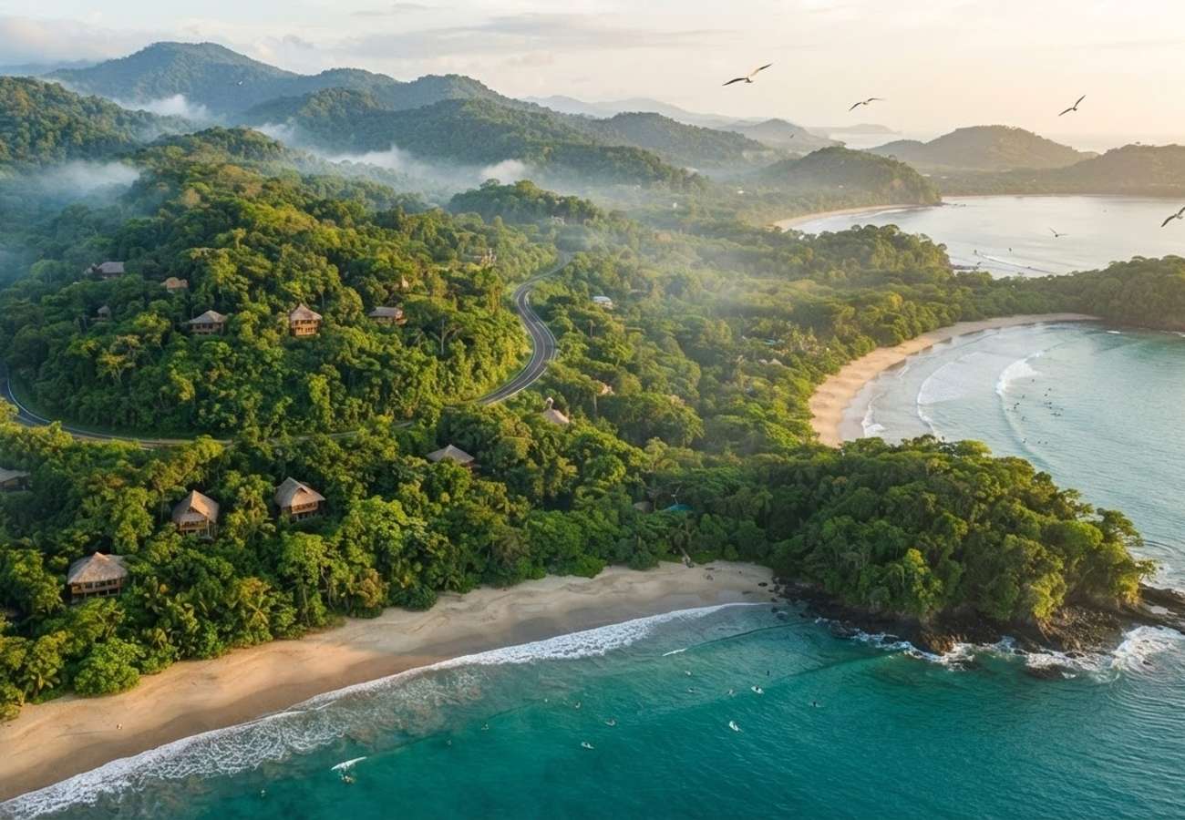 Aerial view of Costa Rican rainforests and Pacific coastline
