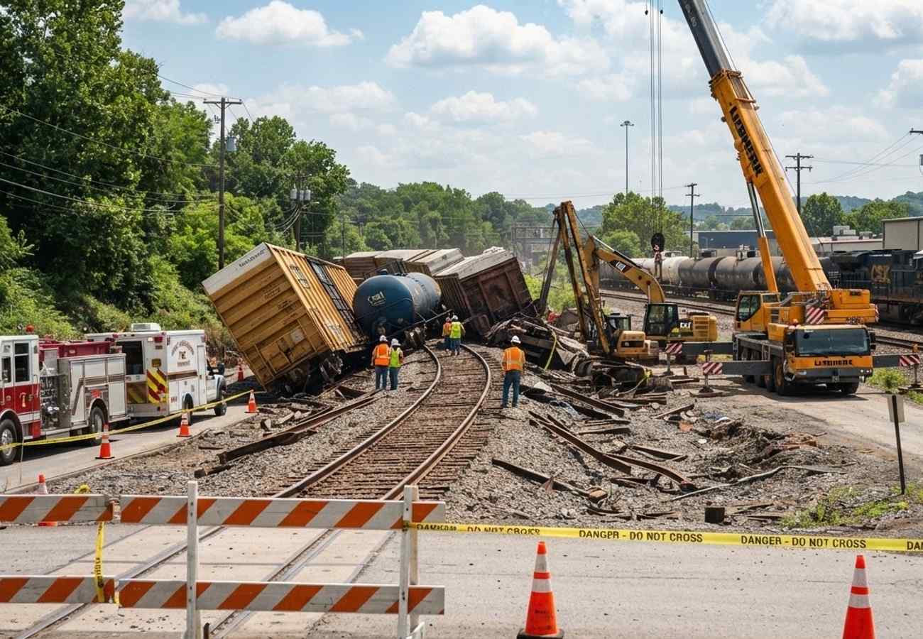 Emergency crews and heavy machinery at a train derailment site in South Charleston