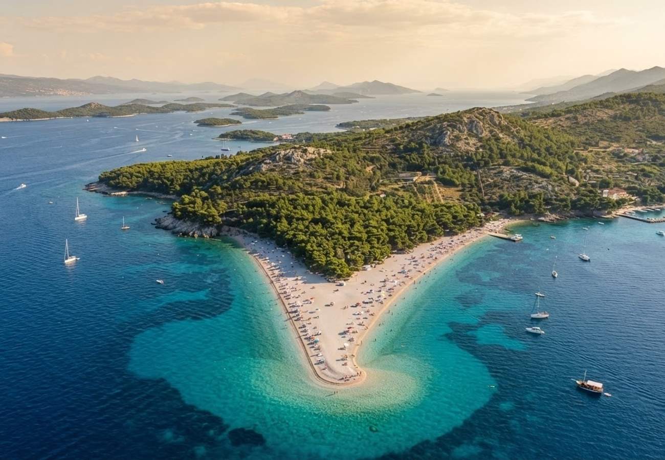 Aerial view of the V-shaped Zlatni Rat beach in Croatia