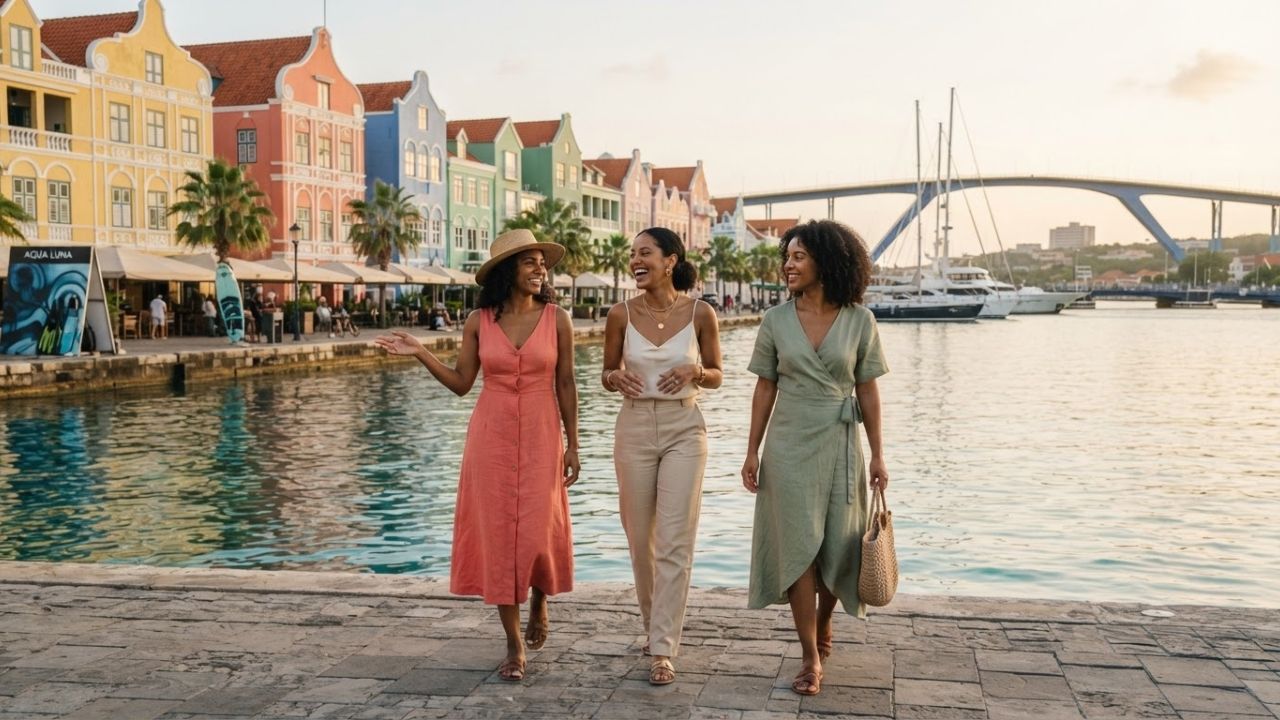 A scenic view of the colorful historic waterfront houses of Willemstad in Curaçao under a clear sky.