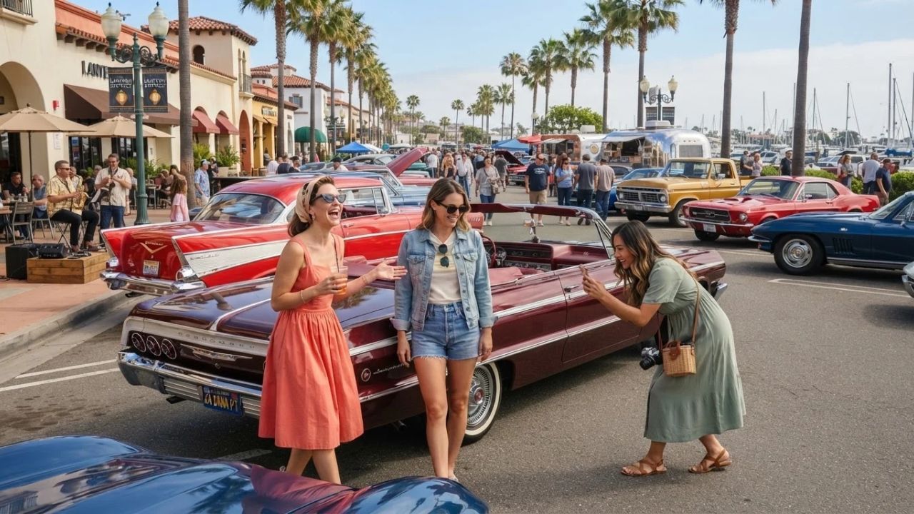 A row of colorful, polished vintage classic cars parked along Del Prado Avenue in the Lantern District of Dana Point.