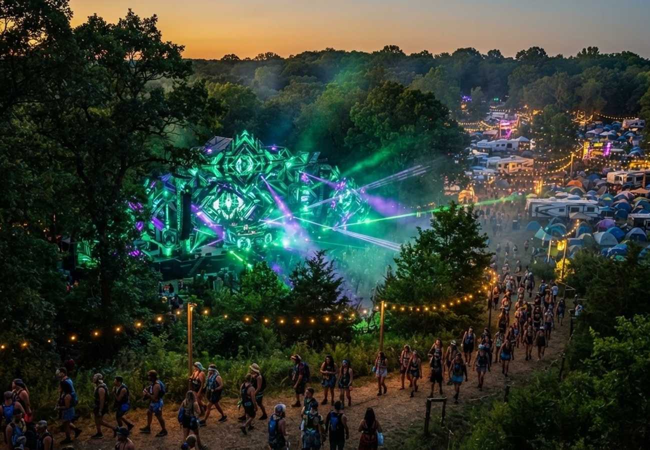 Electronic music festival attendees camping in a forest setting in Kansas
