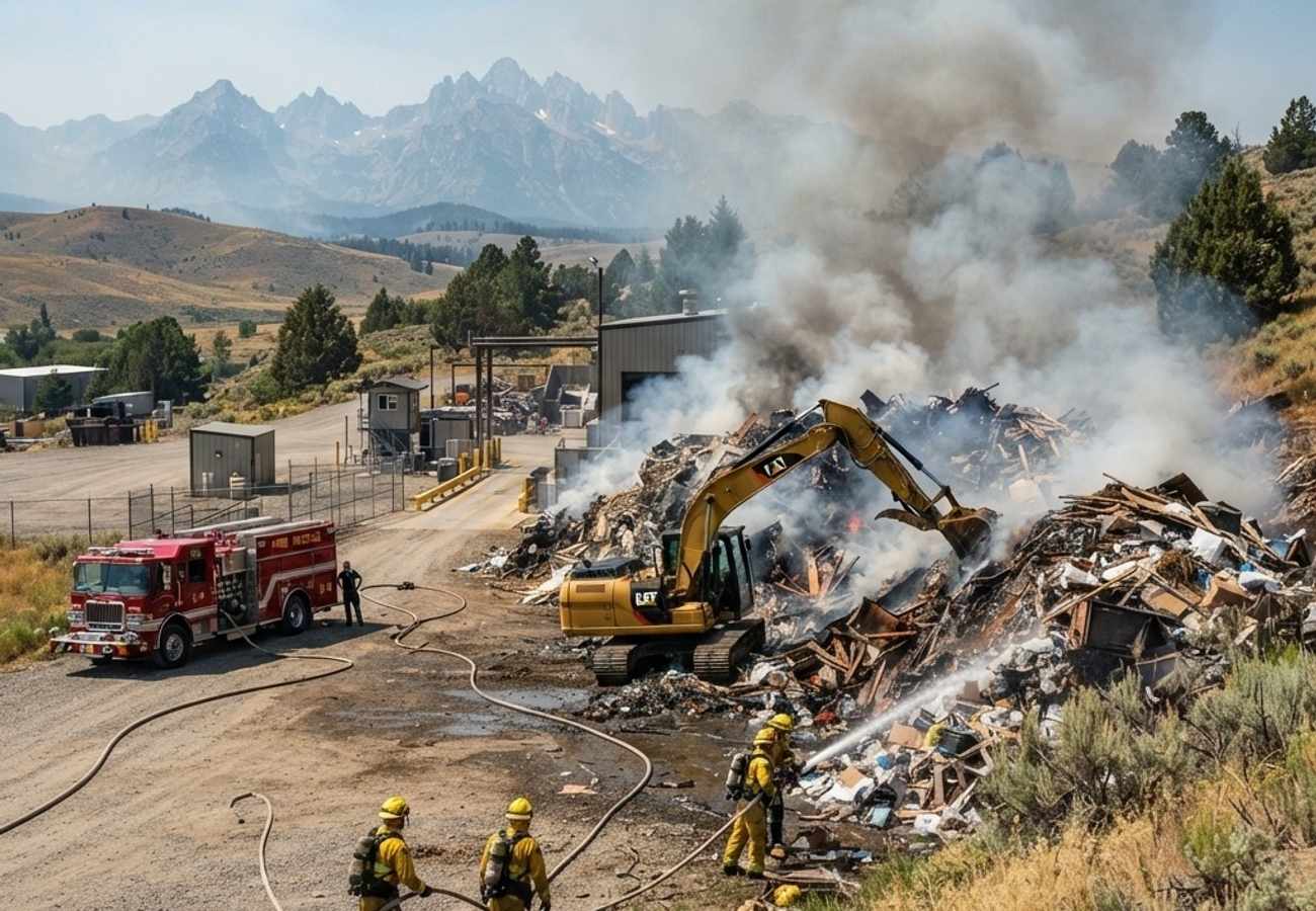 Firefighters containing a blaze at an industrial waste facility