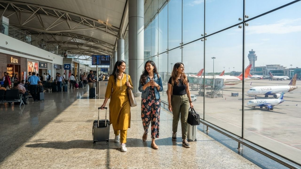 Sleek glass interior of the modern Delhi Airport terminal with travelers moving through gates