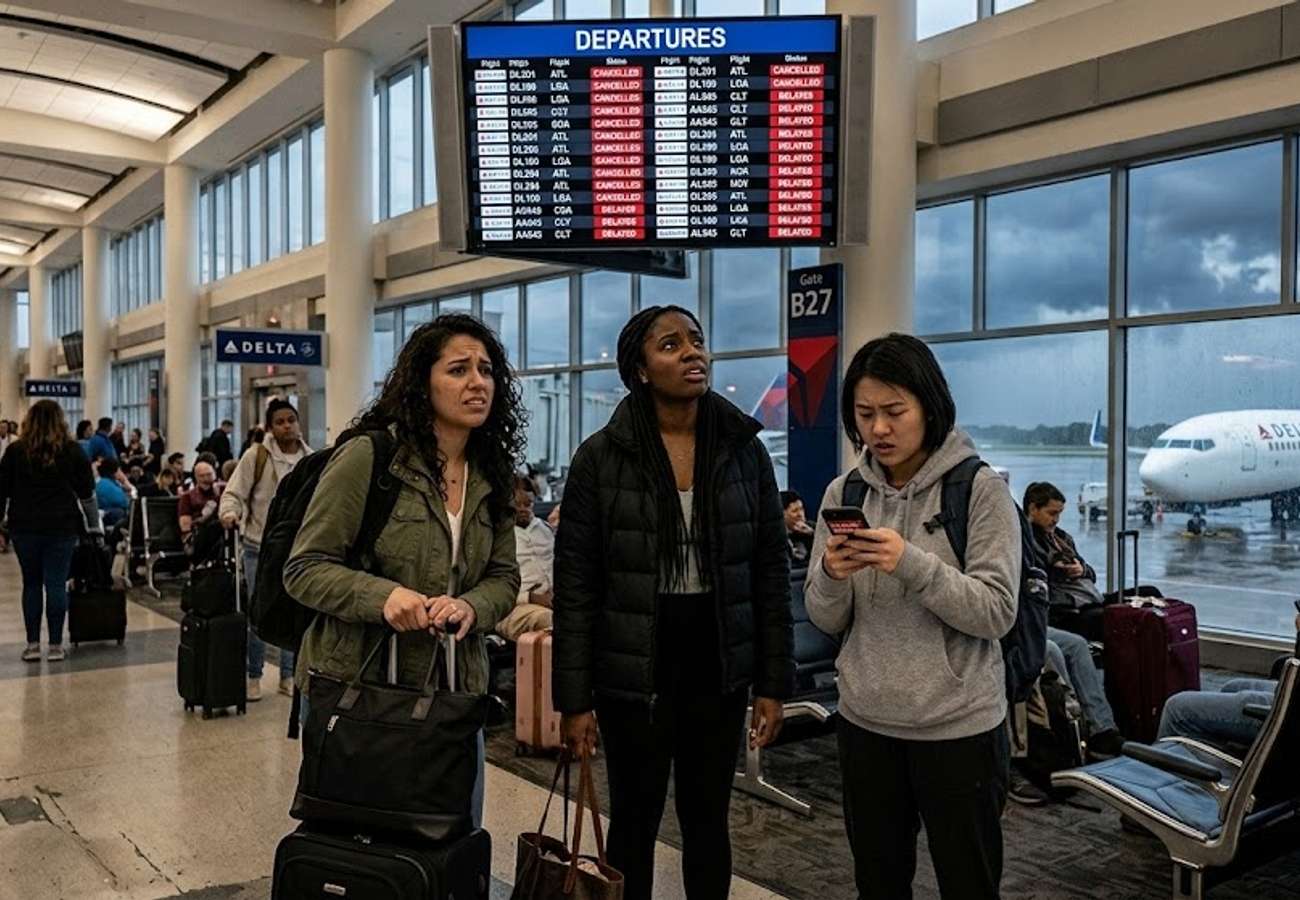 Delta Air Lines aircraft parked at airport gate during wave of cancellations