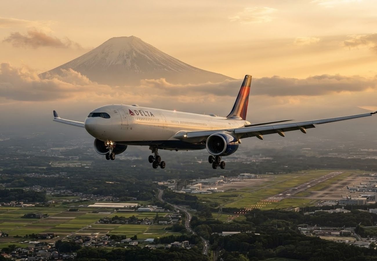 Delta Air Lines aircraft preparing for transpacific flight from Seattle to Tokyo