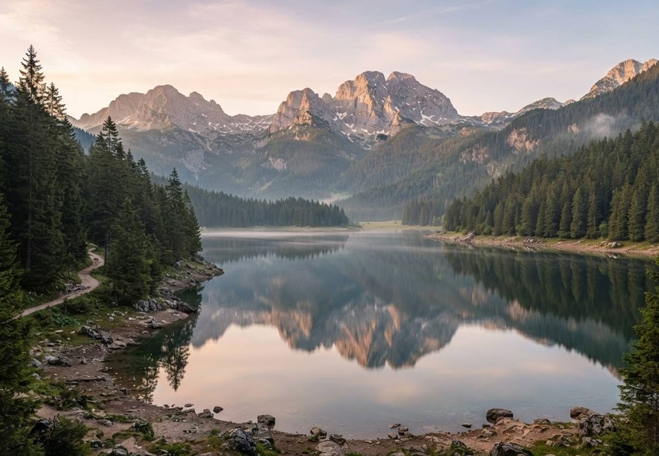 The glacial waters of Black Lake surrounded by spruce forests and limestone peaks in Durmitor National Park