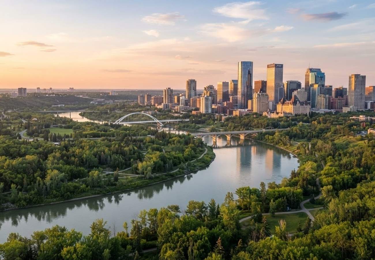 Aerial view of the North Saskatchewan River Valley in Edmonton Alberta