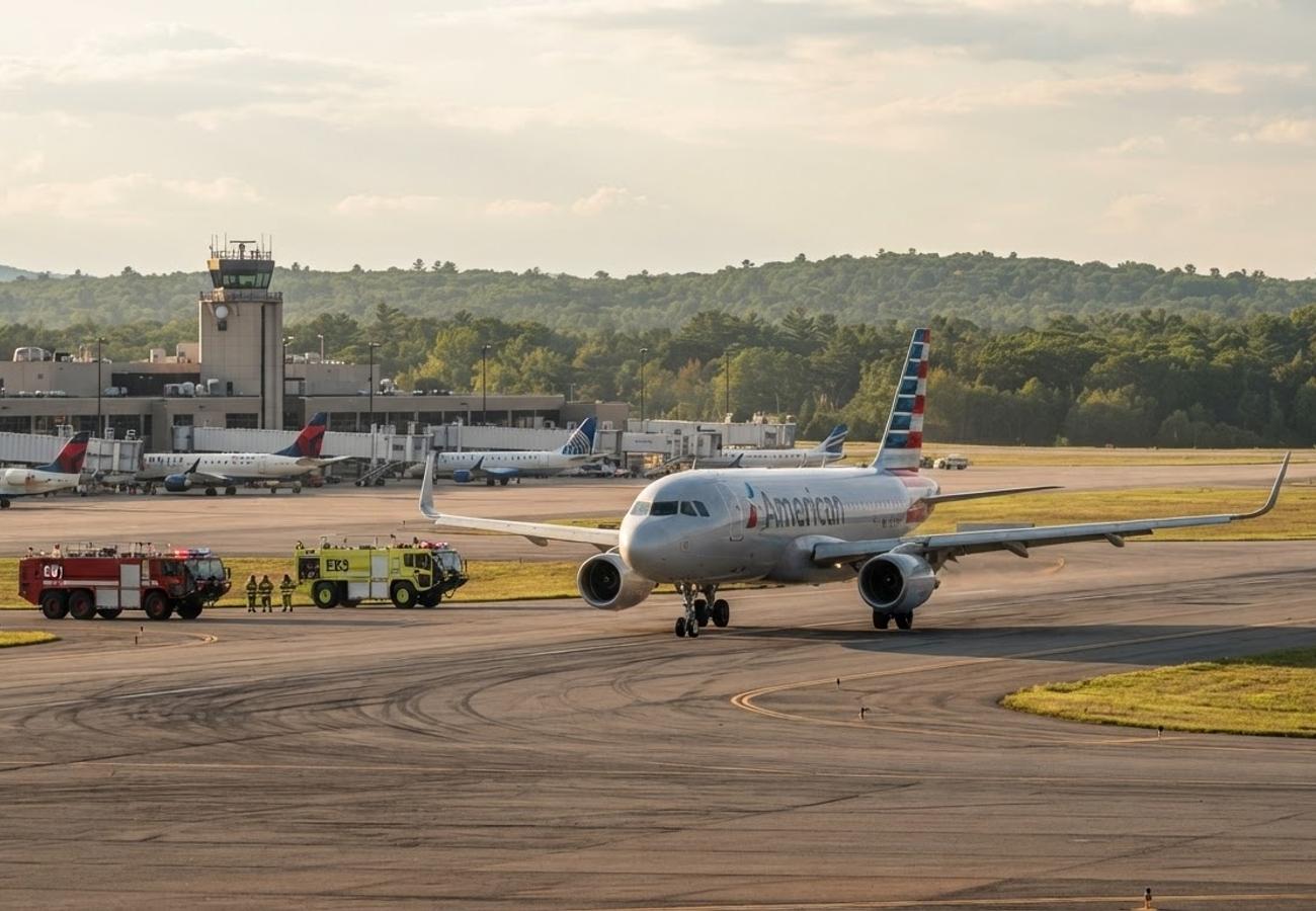 Manchester-Boston Regional Airport runway with emergency vehicles