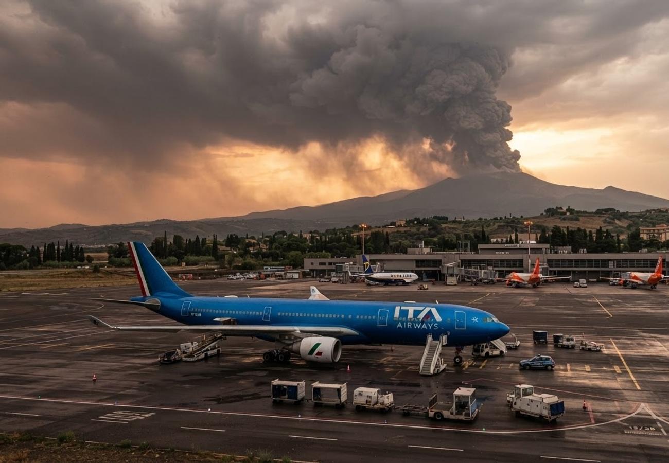 Aerial view of volcanic ash clouds over a European airport runway
