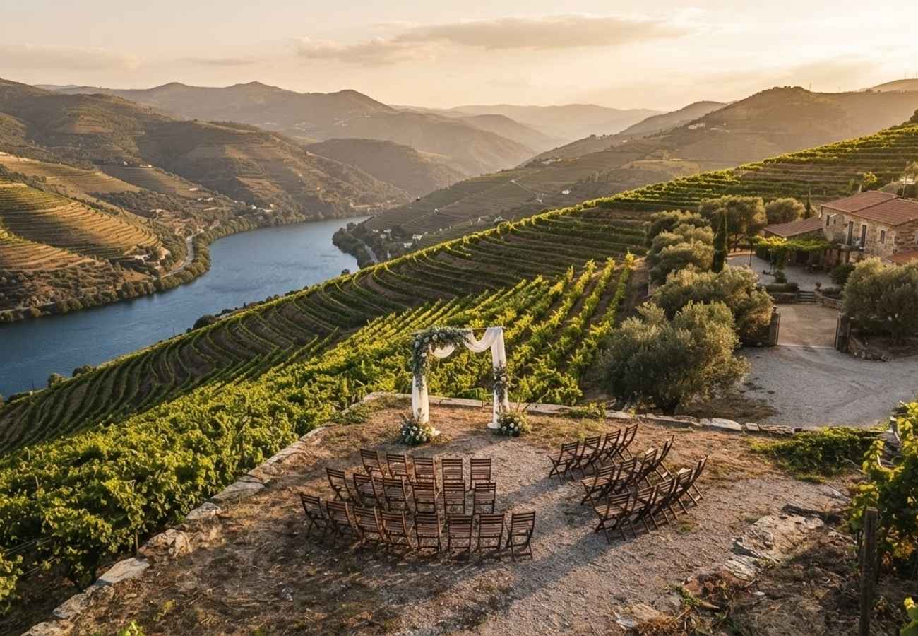 Romantic outdoor wedding setting in a European vineyard